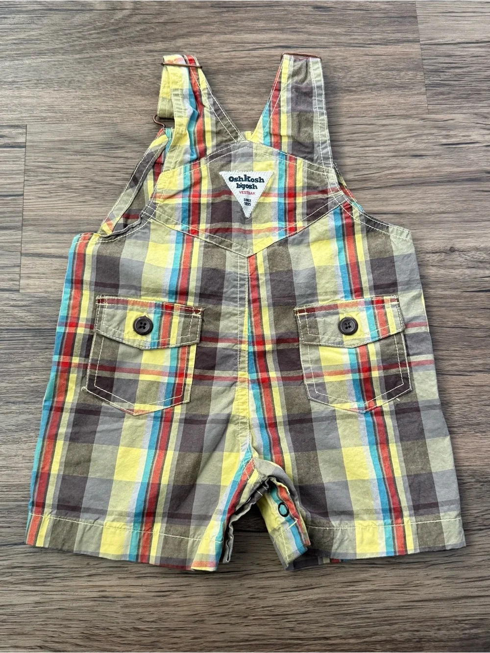 OshKosh Retro Baby Plaid Shortalls Overalls Yellow Grey Turquoise Size 9 Months